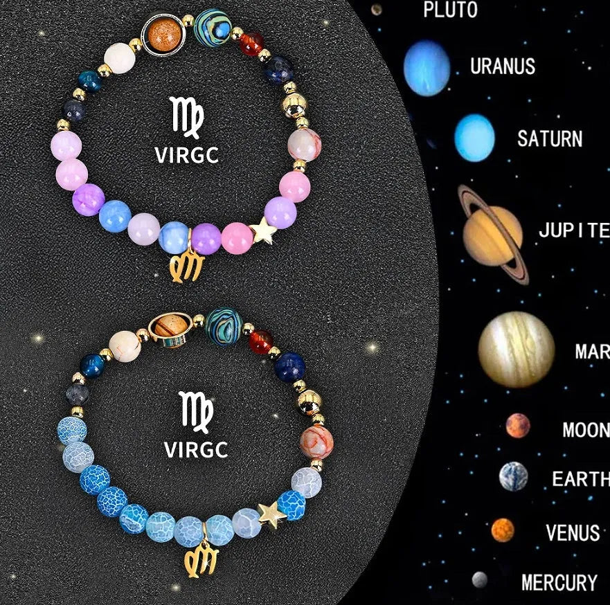 Set of two natural stone beaded bracelets with zodiac sign charms on a white background.