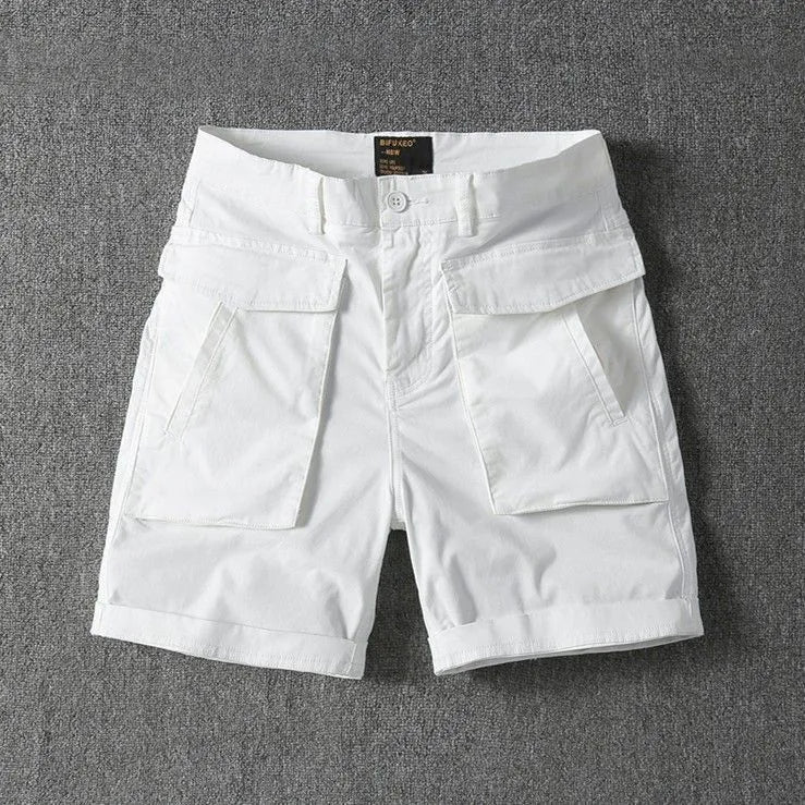 Men's stretch cotton cargo shorts in Army Green showing multiple pockets and straight-leg cut