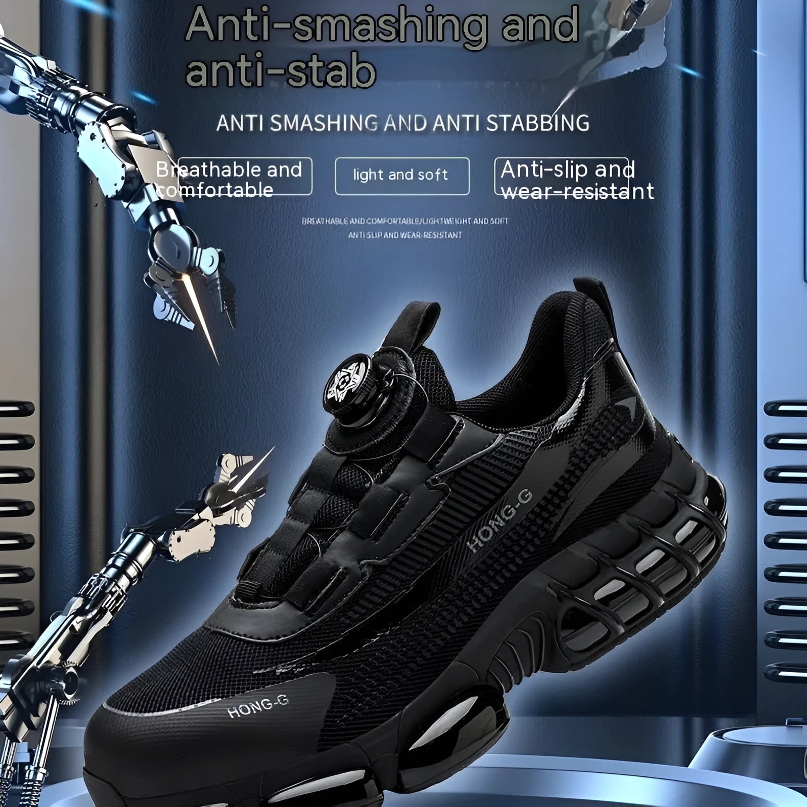Men's lightweight safety work shoes with steel toe caps in black, grey and blue colour options