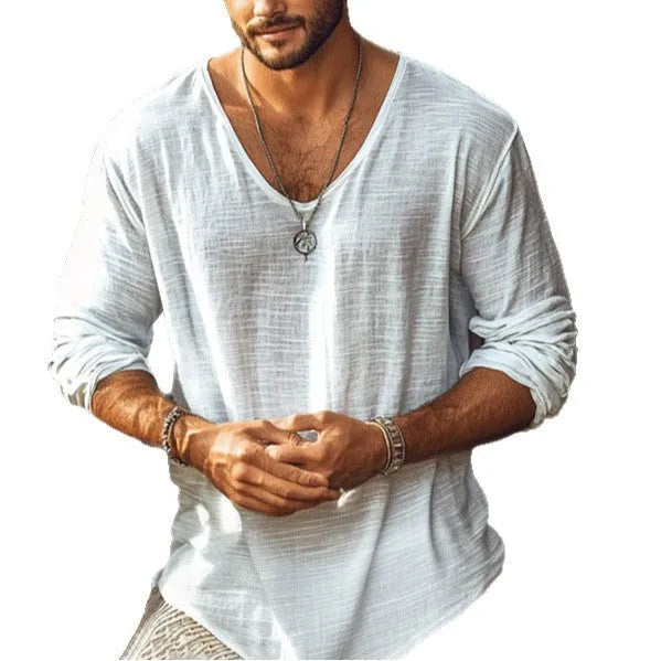 Beige long-sleeved T-shirt with V-neck collar and slim fit design