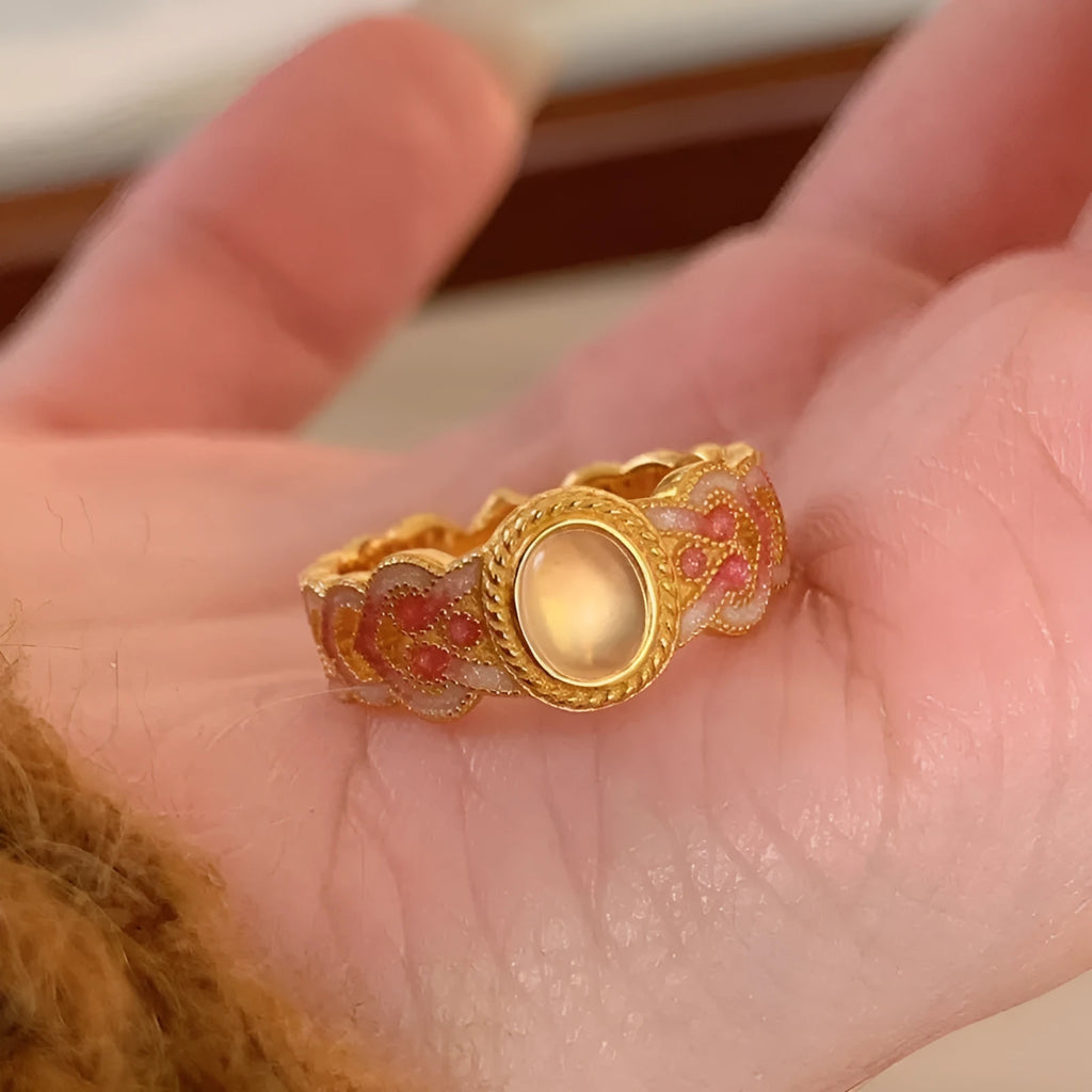 Women's copper opening ring with pink crystal enamel geometric design gold plated jewellery