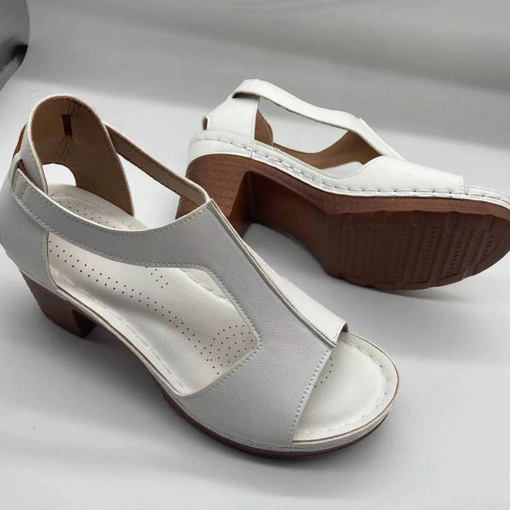 Women's open toe wedge sandals with Roman buckle strap in synthetic PU material