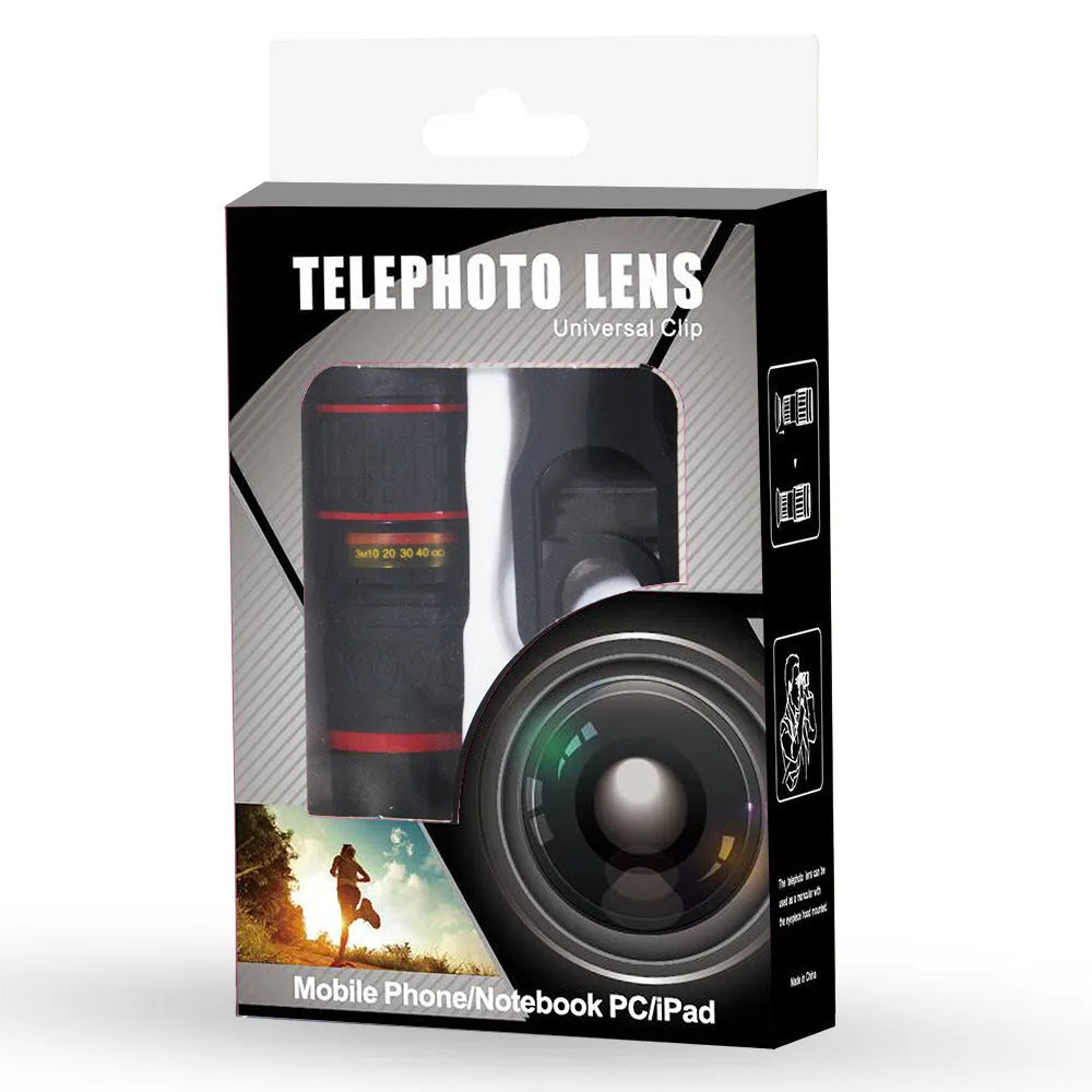 20x magnification mobile phone telescope lens with universal clip and single eyepiece on a smartphone.