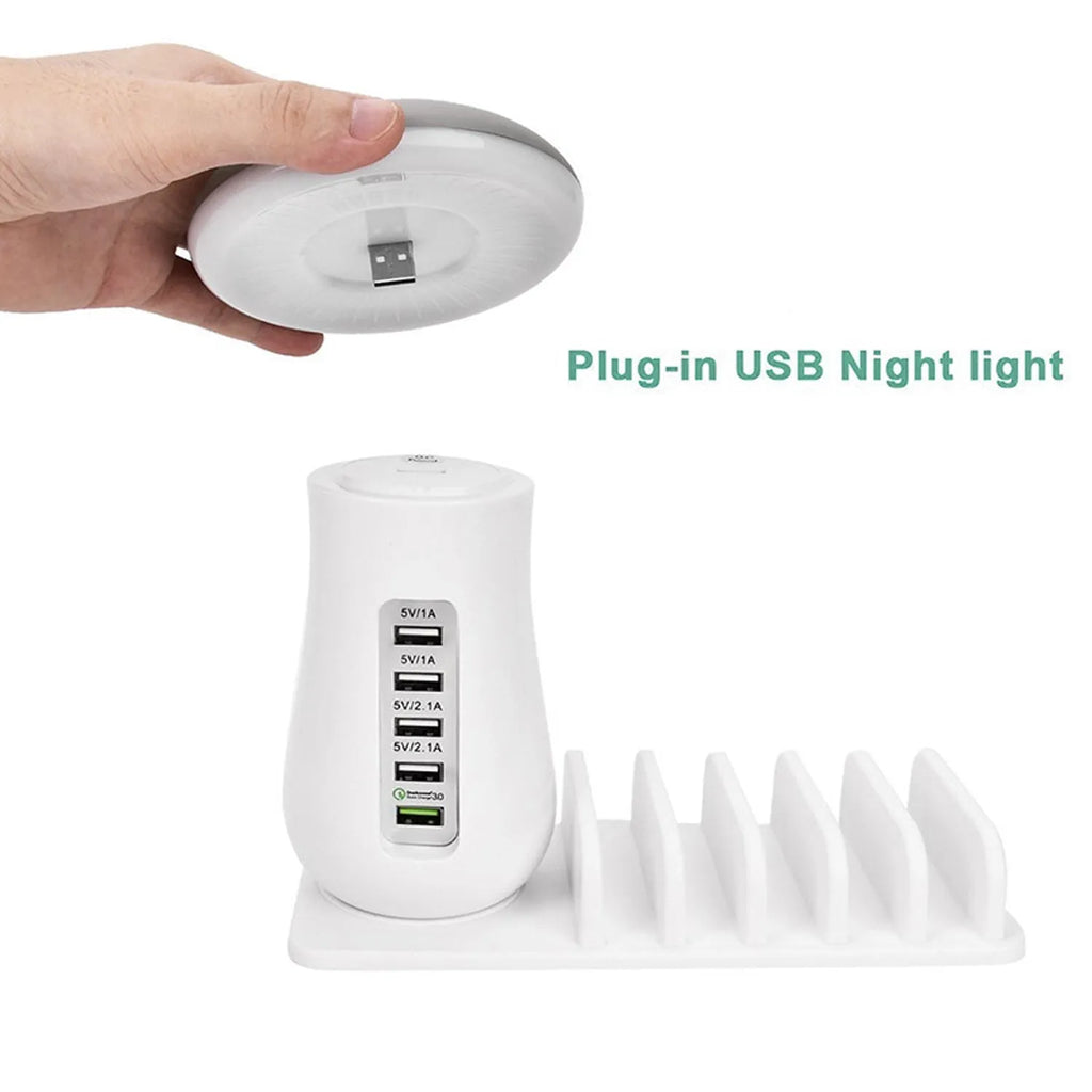 White mushroom-shaped LED lamp with 5-port USB charging dock station for smartphones and tablets