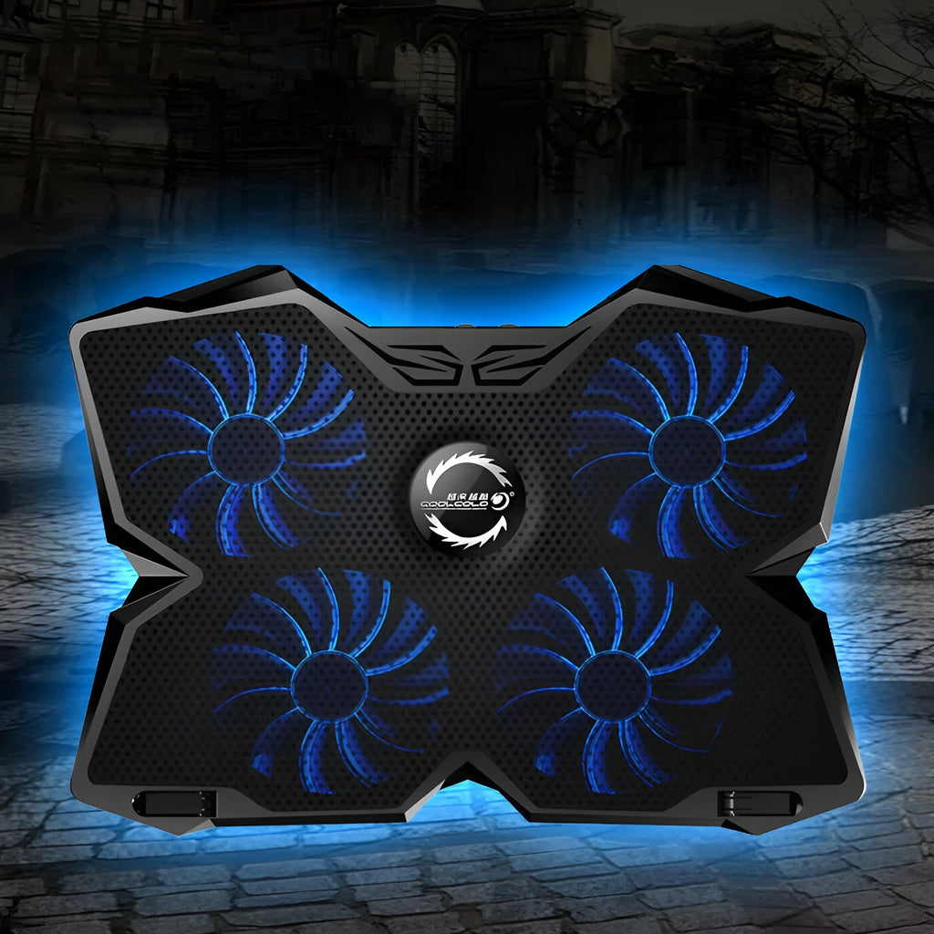 Blue LED computer cooling base with four fans and two USB ports