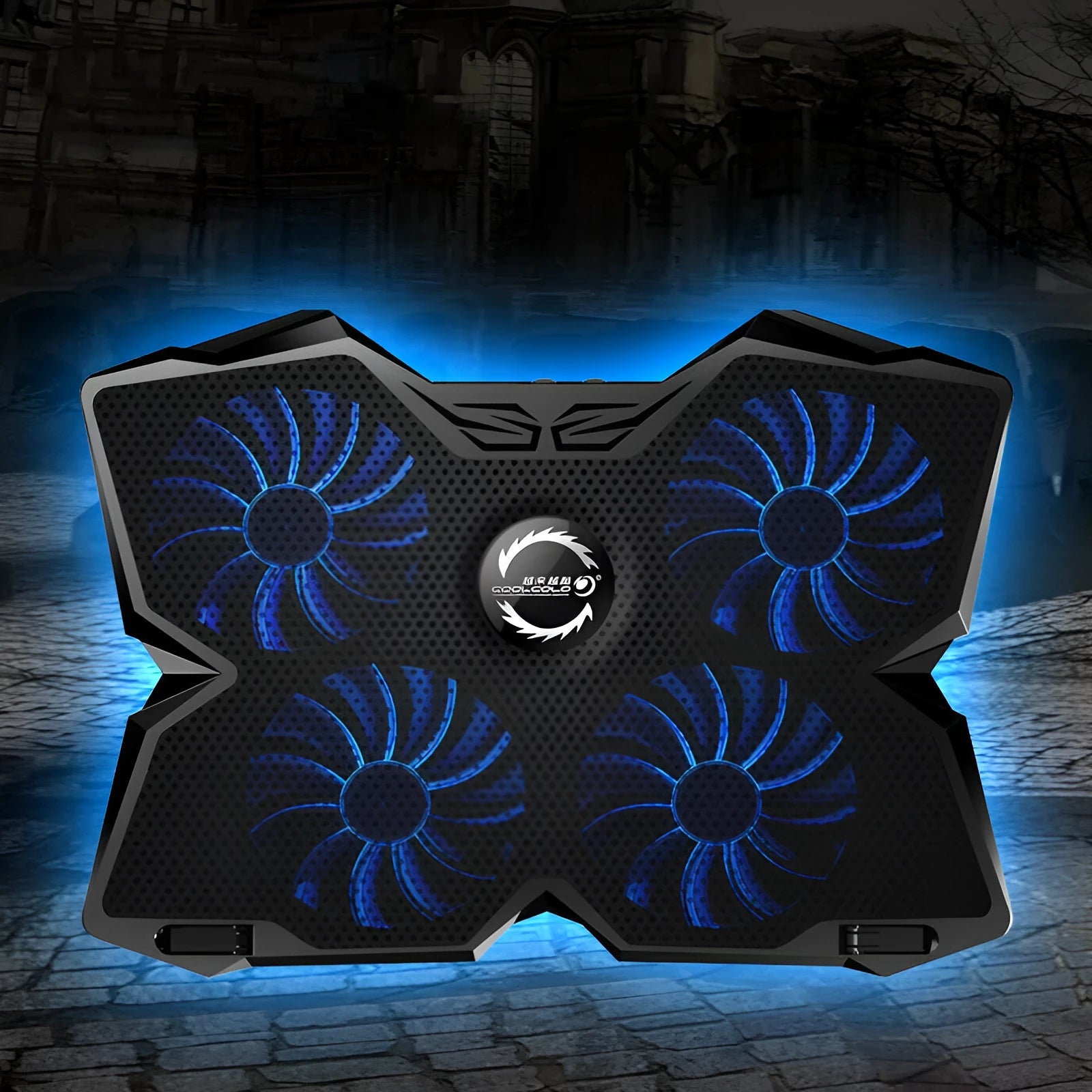 Blue LED computer cooling base with four fans and two USB ports