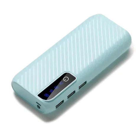Black 20000mAh mini portable power bank showing USB ports, with dimensions 142mm x 64mm x 23mm.