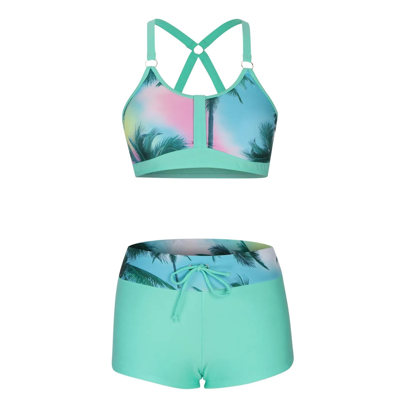 Women's floral printed split bikini swimsuit set with briefs-style bottoms