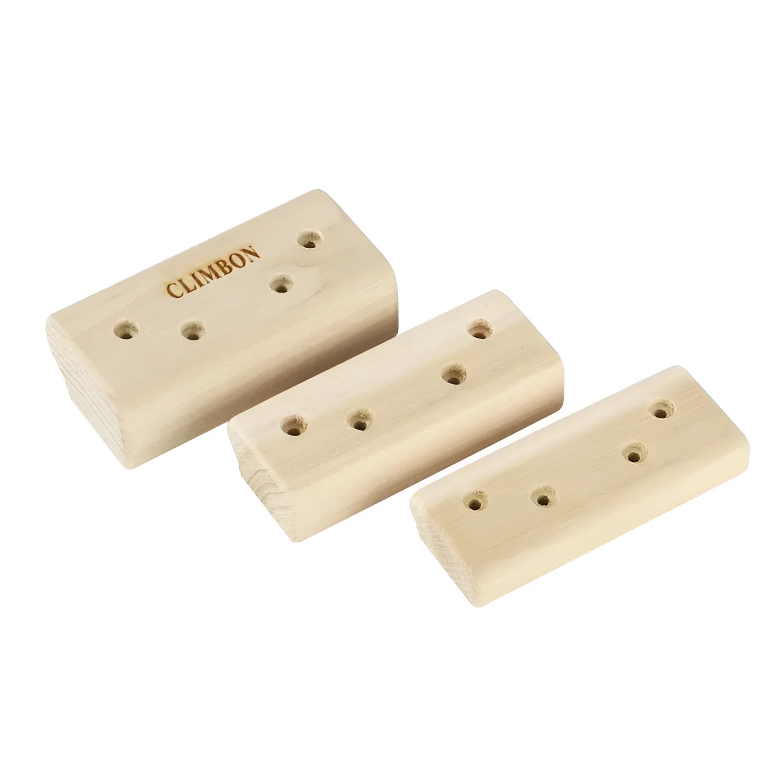 Three solid wooden grip training finger boards showing 12cm, 40cm, and 50cm sizes with different edge depths