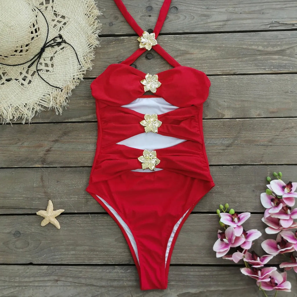 Solid colour high-waisted one-piece swimsuit for women with a separate matching short skirt.