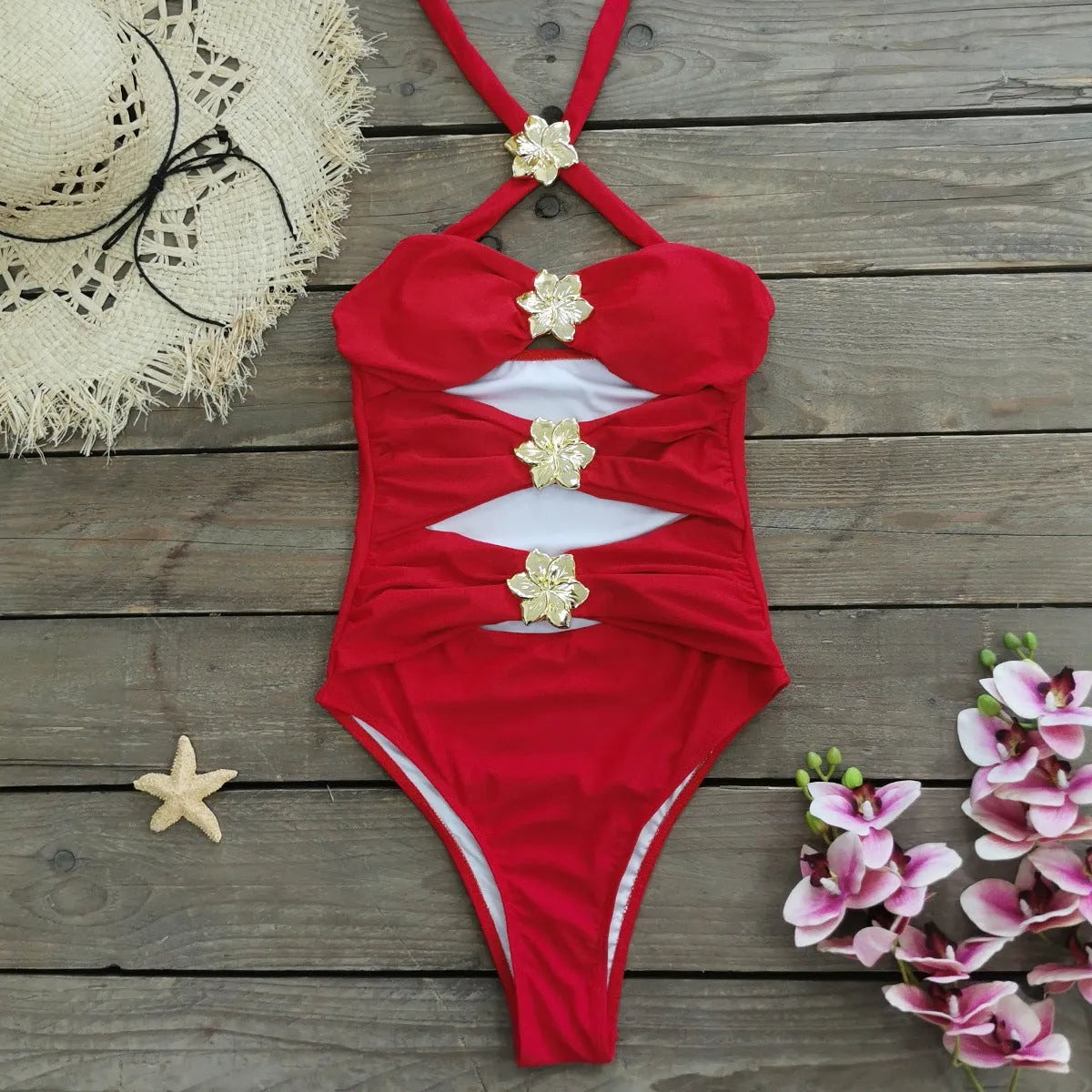 Solid colour high-waisted one-piece swimsuit for women with a separate matching short skirt.