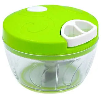 Green manual kitchen chopper with three blades and a 500ml transparent container.