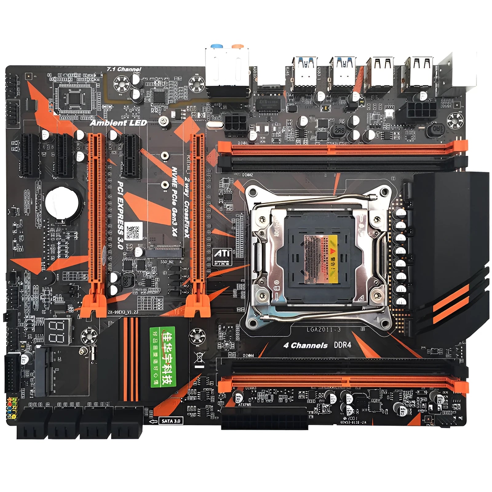 Black X99 ATX motherboard with LGA2011-3 socket, four DDR4 slots, dual PCI-E x16 slots, and heatsink array