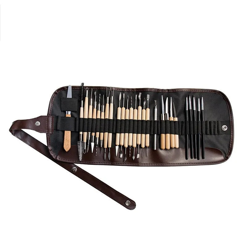 27-piece pottery clay tool set containing stainless steel, wood, and plastic tools for sculpture work