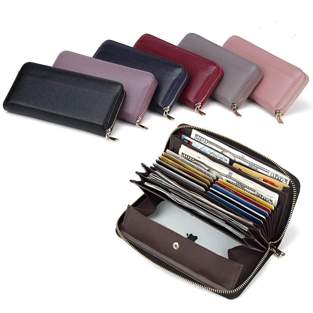 Women's genuine leather long wallet in solid colour with large capacity and anti-theft card swipe