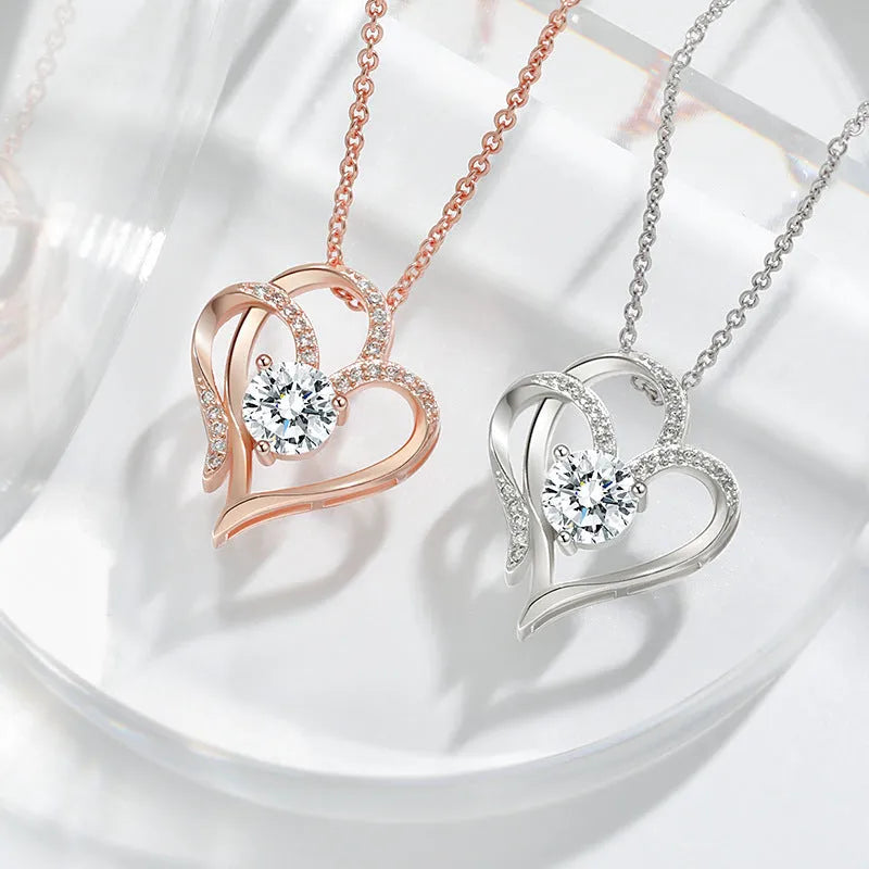 Women's simple heart-shaped 925 silver necklace in rose gold, yellow gold, or platinum colour finish.