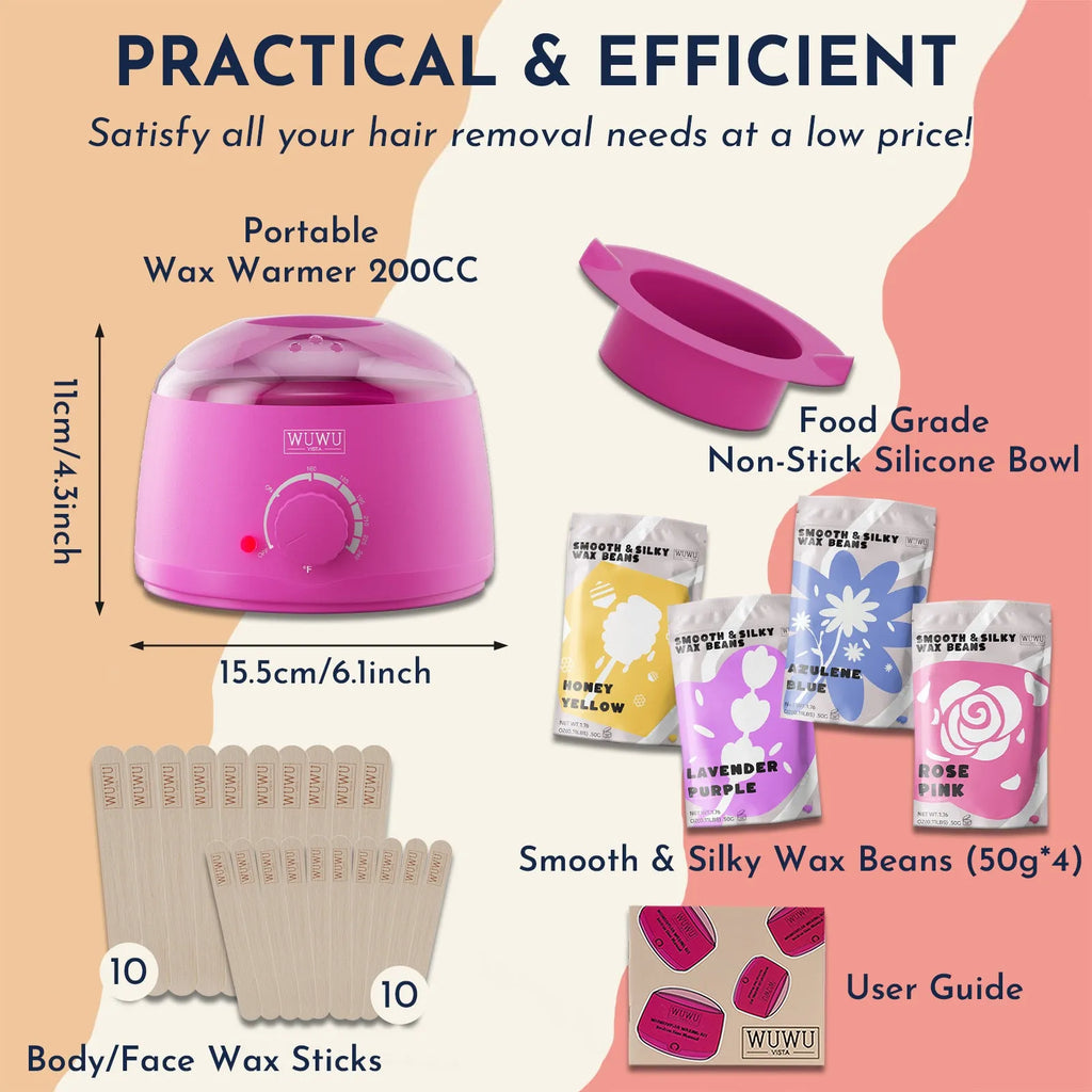 27-piece hair removal waxing kit showing wax beads, electric warmer and applicator sticks