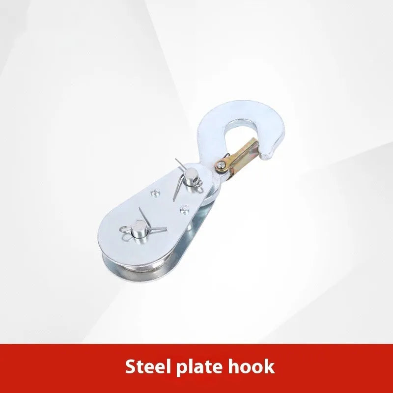 Red forged steel lifting pulley with a safety latch on the hook, for industrial wire rope use.