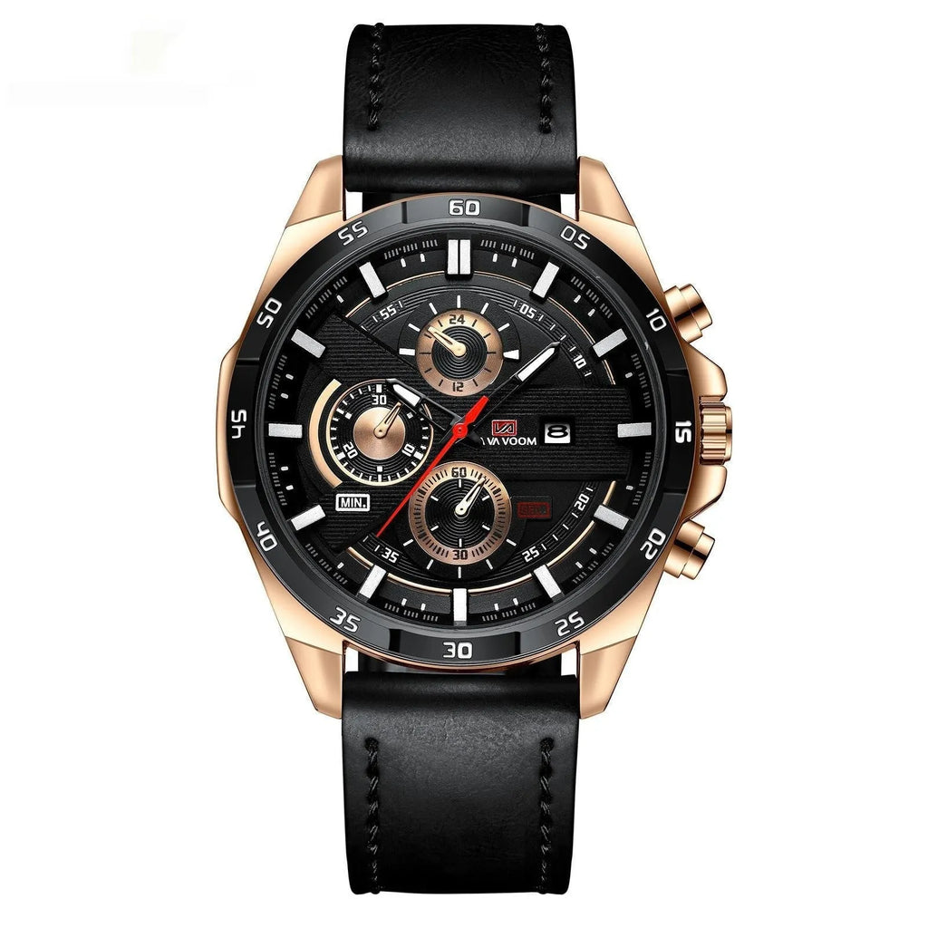Men's casual quartz watch with business calendar on brown leather-look strap and white dial.