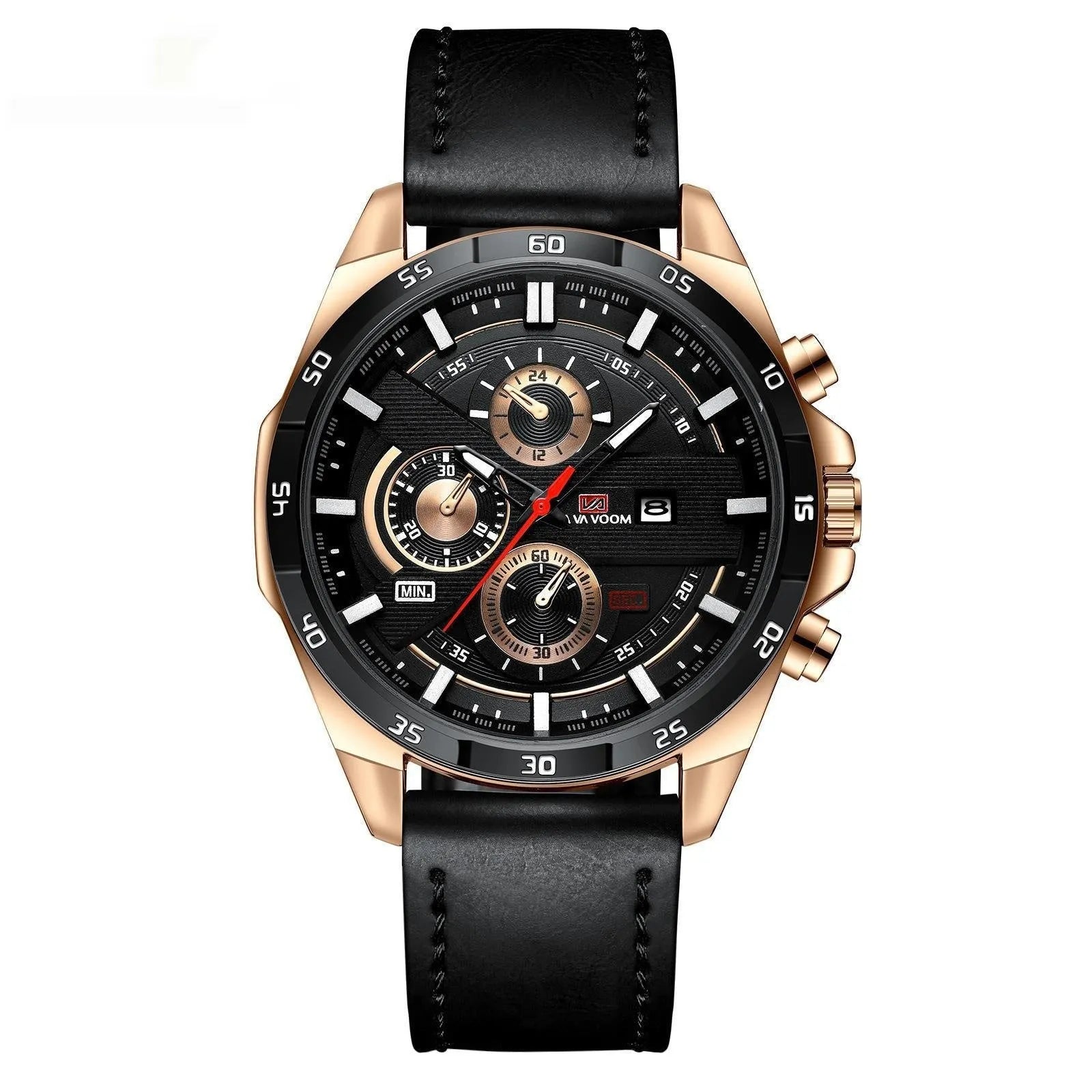 Men's casual quartz watch with business calendar on brown leather-look strap and white dial.