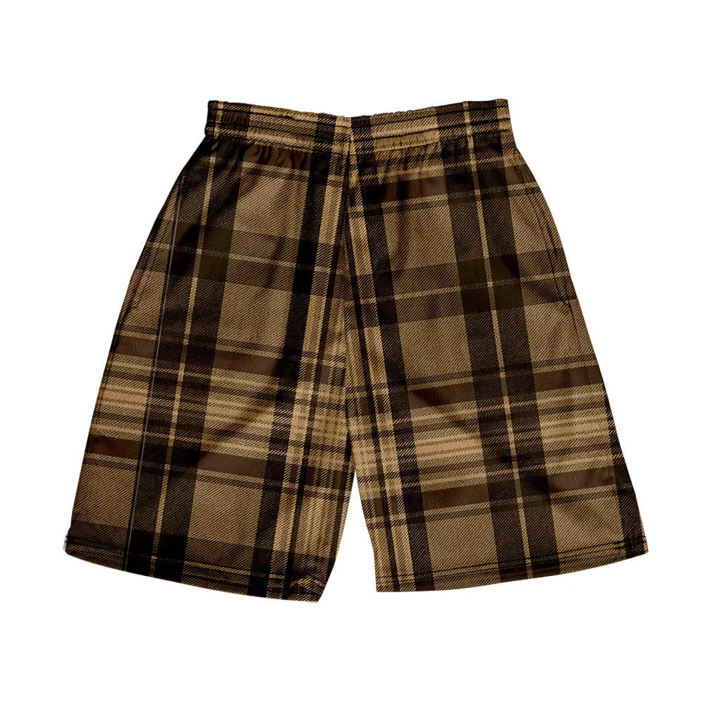 Men's polyester plaid shorts with elastic waistband in straight cut for casual wear
