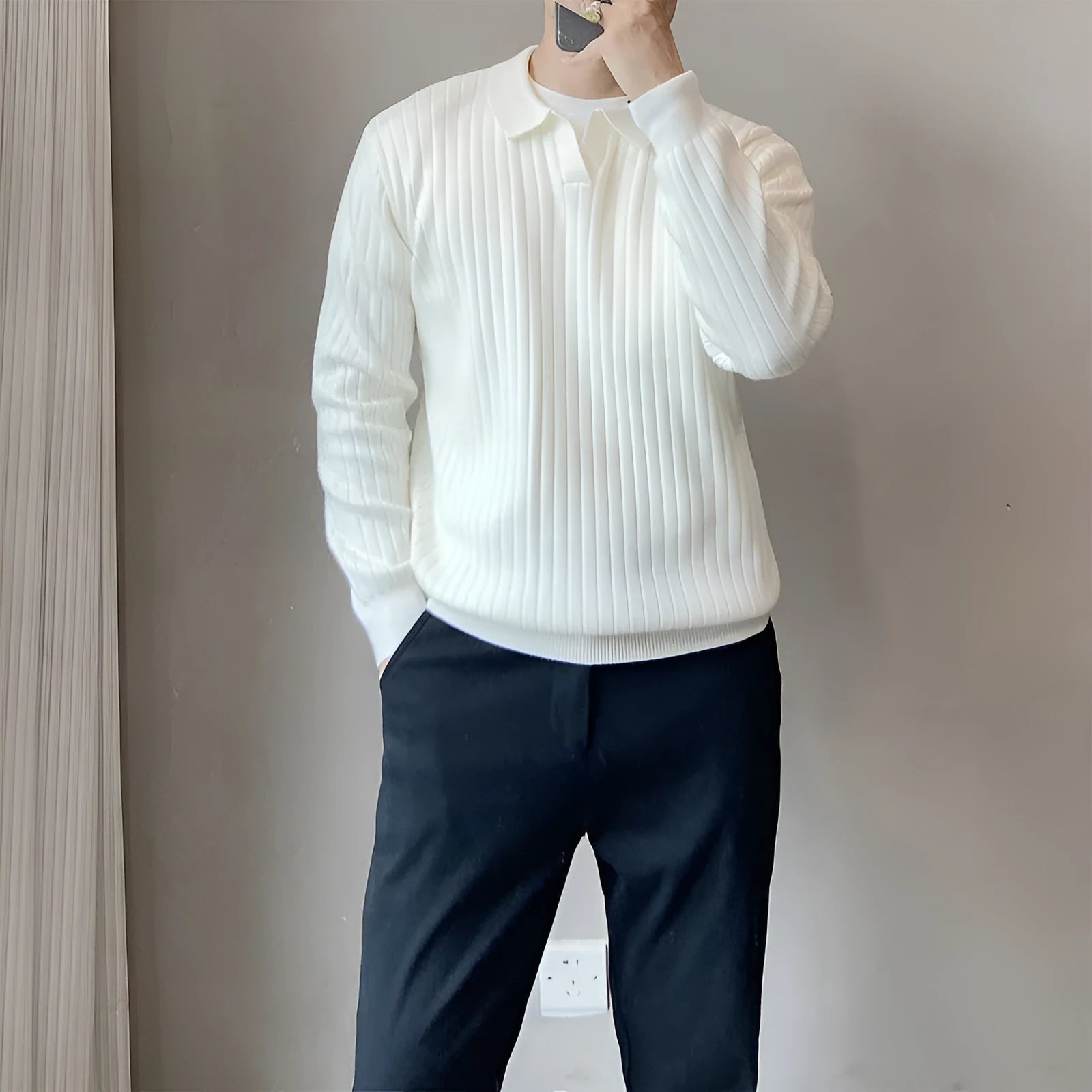 Loose striped lapel knitted sweater for boys in Army Green colour