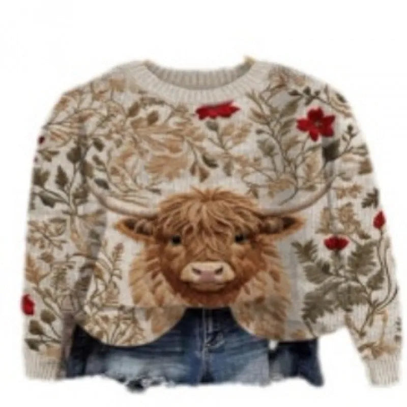 Little Flower digital printed round neck sweater in polyester, shown on a hanger.