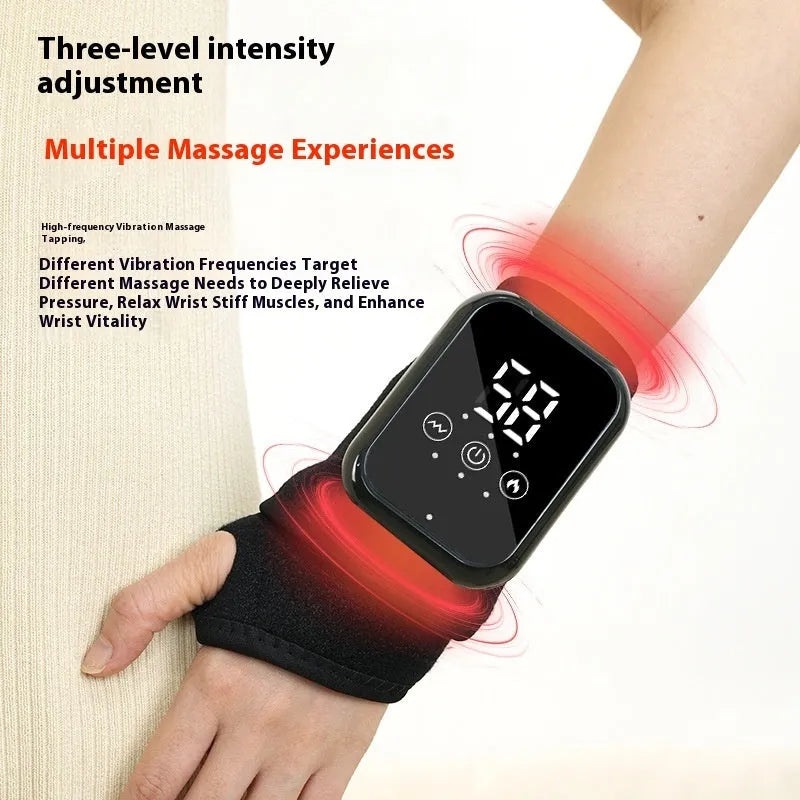 Black electric heating ankle sleeve wrapped around ankle showing elastic construction