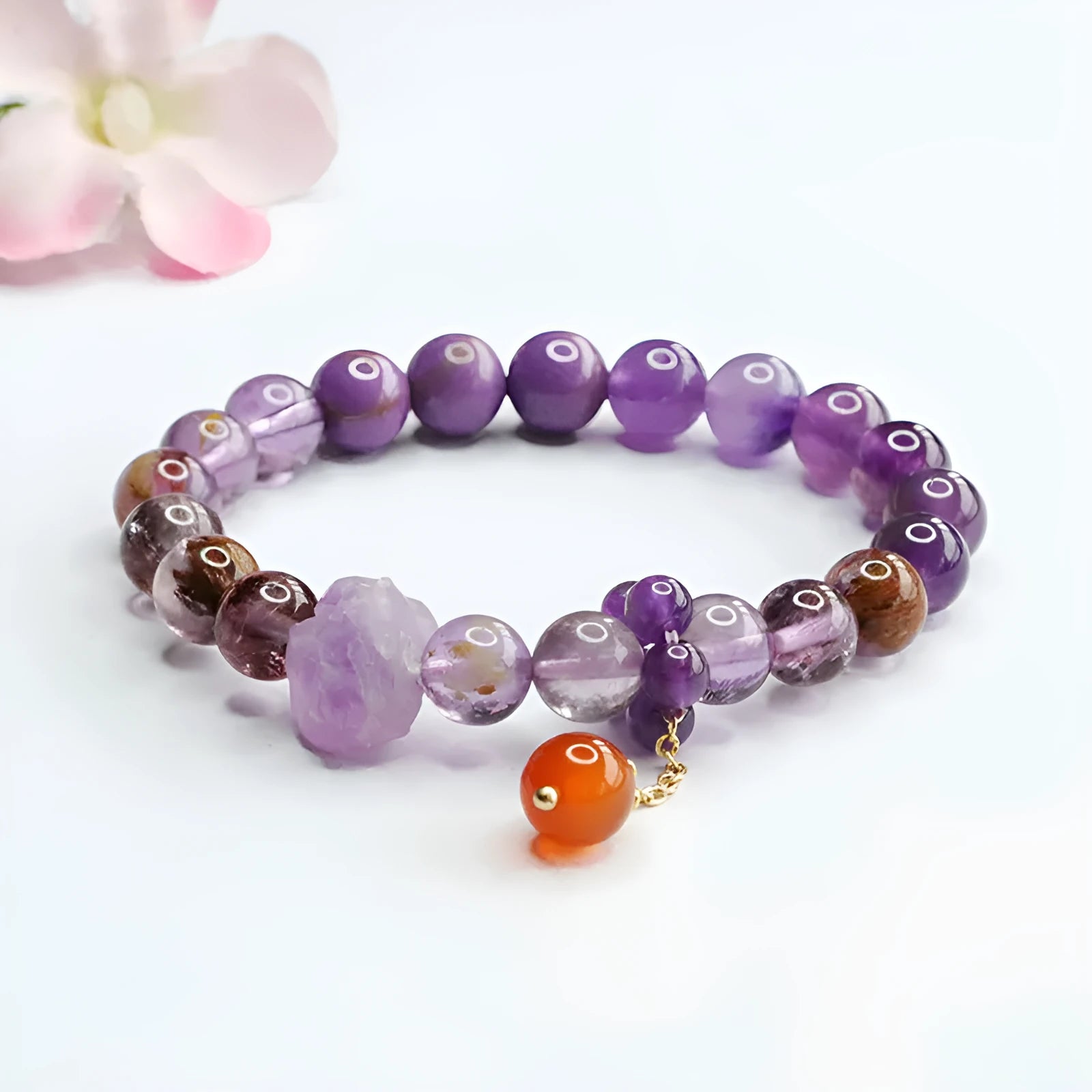 Natural nine purple amethyst and red agate crystal bracelet in Mori style design