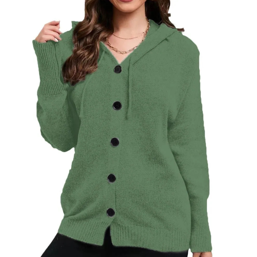 Women's thick cotton hooded cardigan sweater in loose fit solid colour