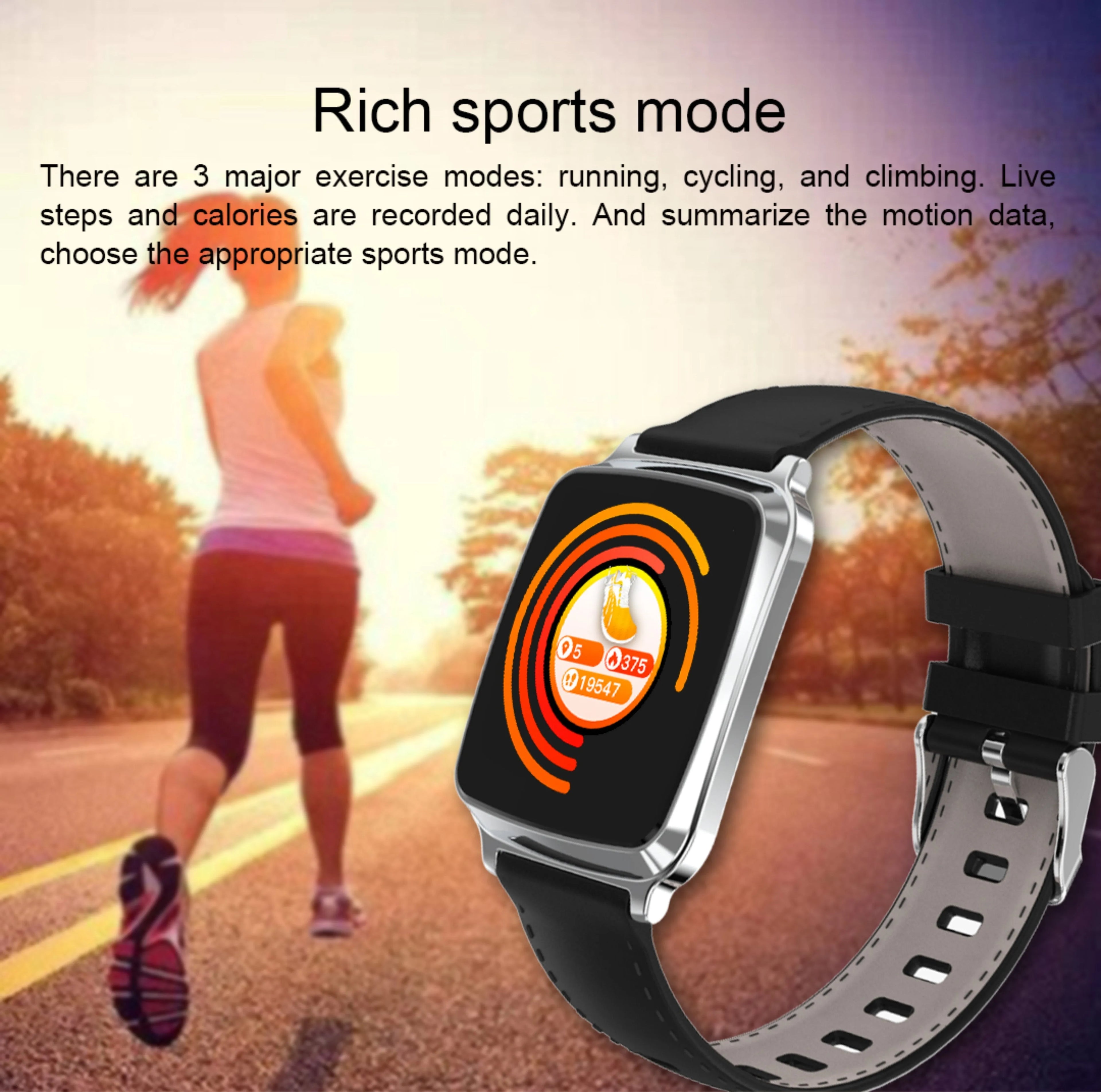 M8 multi-function smart bracelet with heart rate monitoring on a wrist, showing a black zinc alloy body and TPU strap.
