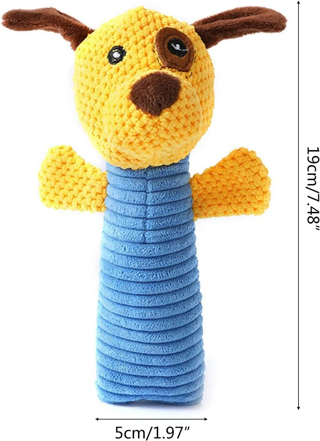 A cloth stuffed animal dog chew toy with a squeaker, shown next to a ruler measuring 19 cm in length.