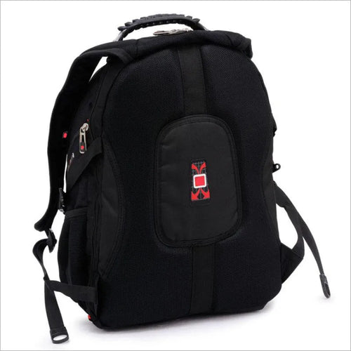 Black 38 litre business laptop backpack open to show three internal compartments for a computer, stationery, and storage.