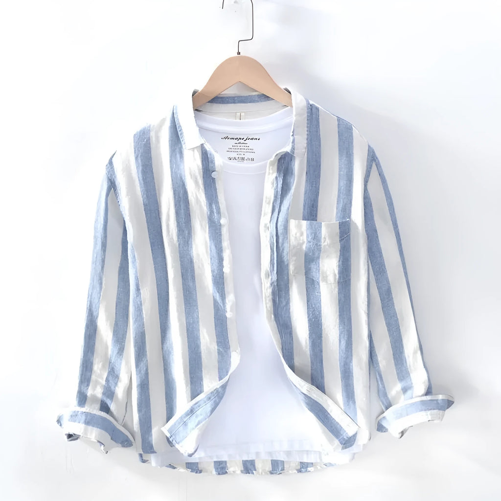 Men's blue long sleeve Hong Kong style shirt with loose fit and fleece lining for summer