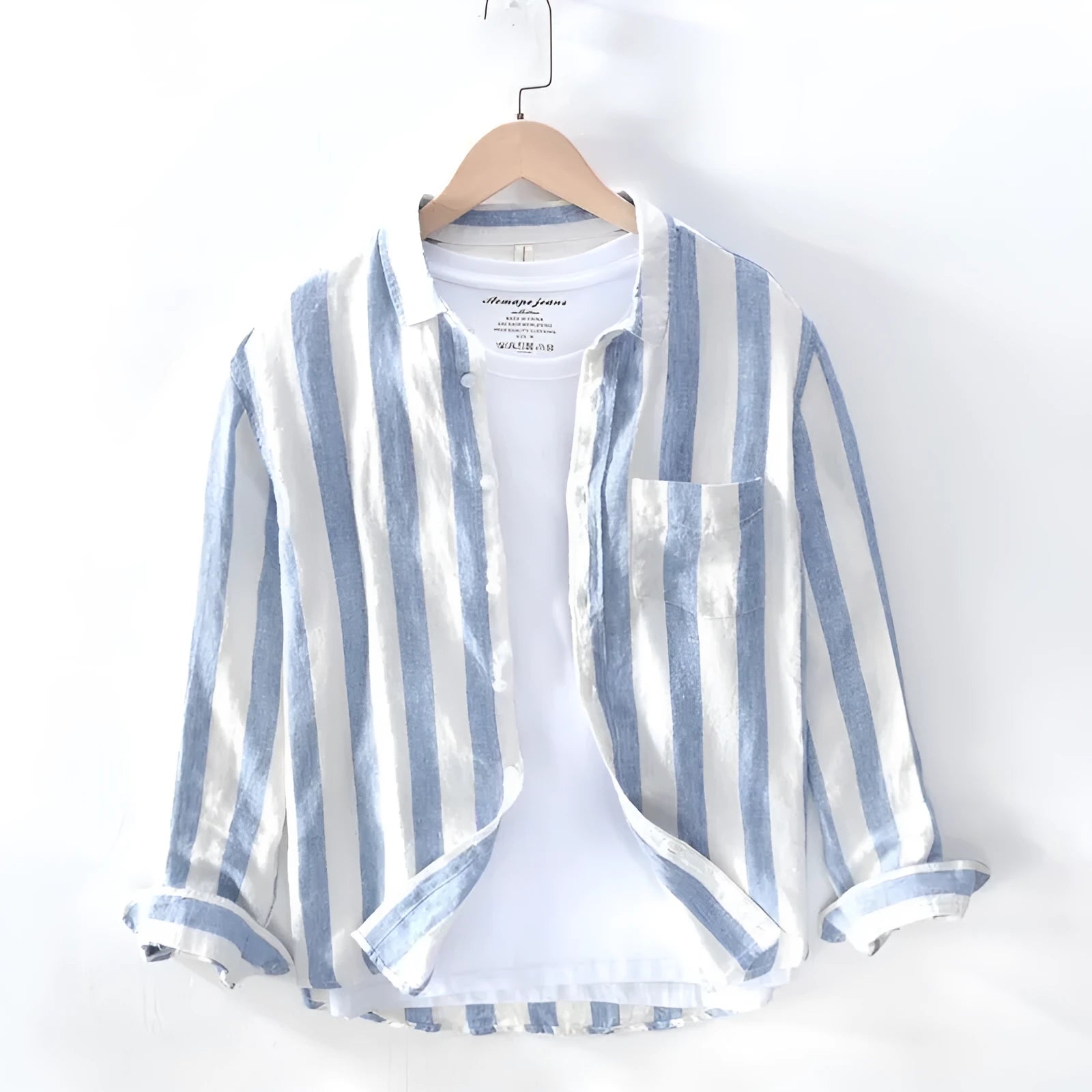 Men's blue long sleeve Hong Kong style shirt with loose fit and fleece lining for summer