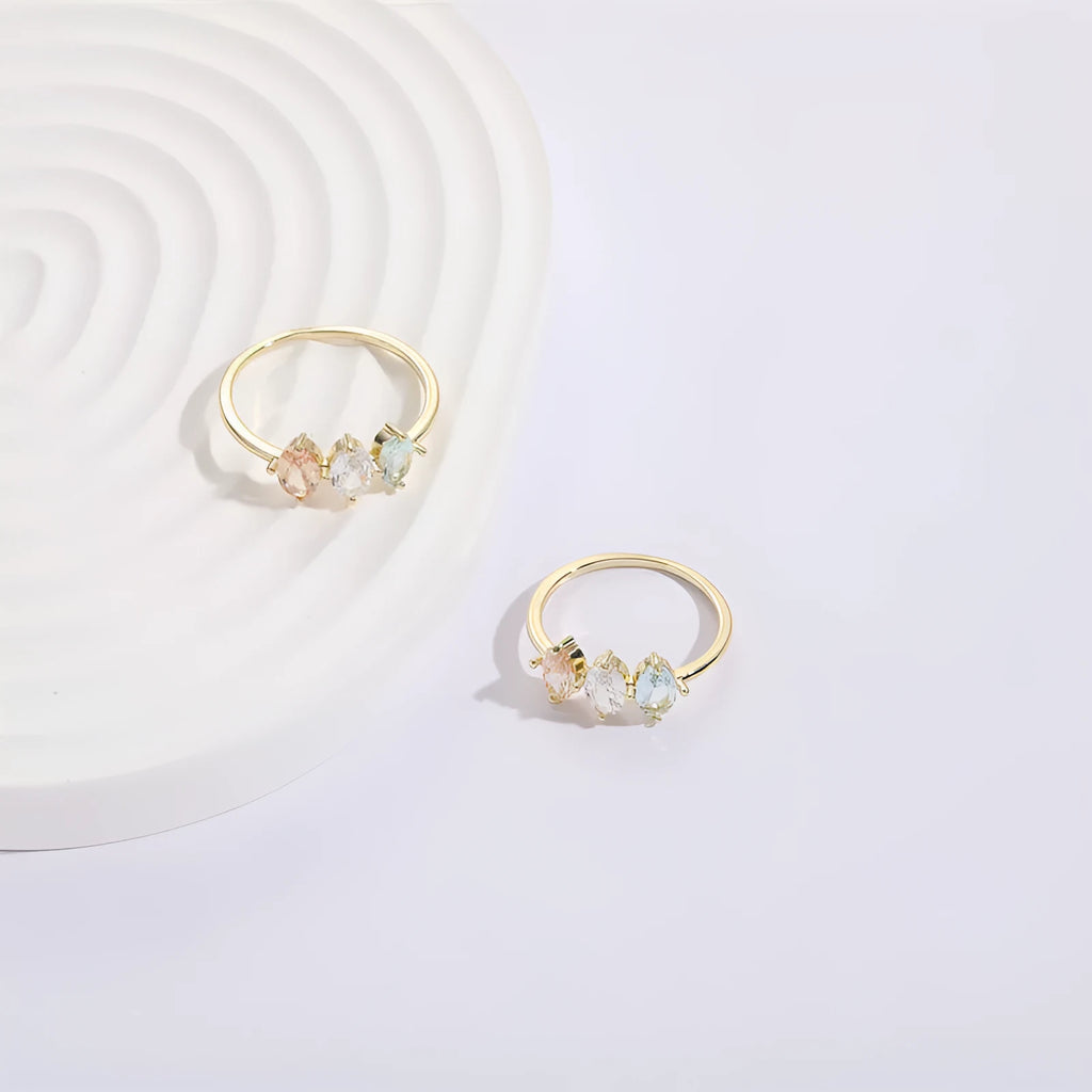 Geometric birthstone horse eye ring with tricolor zircon design in 14k real gold RG9066 electroplated finish