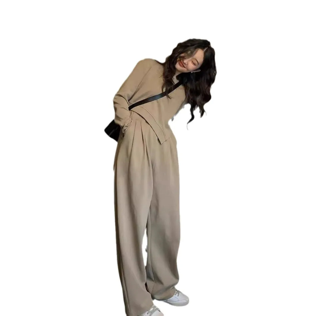 Women's khaki casual sportswear two-piece set with long sleeve top and matching trousers