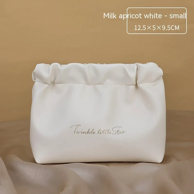 Large capacity caramel mocha PU leather toiletry bag with double layer waterproof design and wet dry separation for travel makeup storage