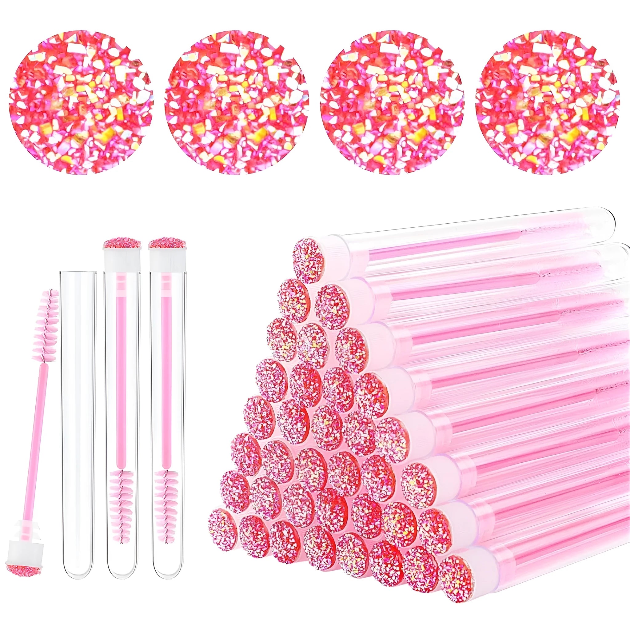 Set of coloured disposable mascara wands with clear plastic storage tubes