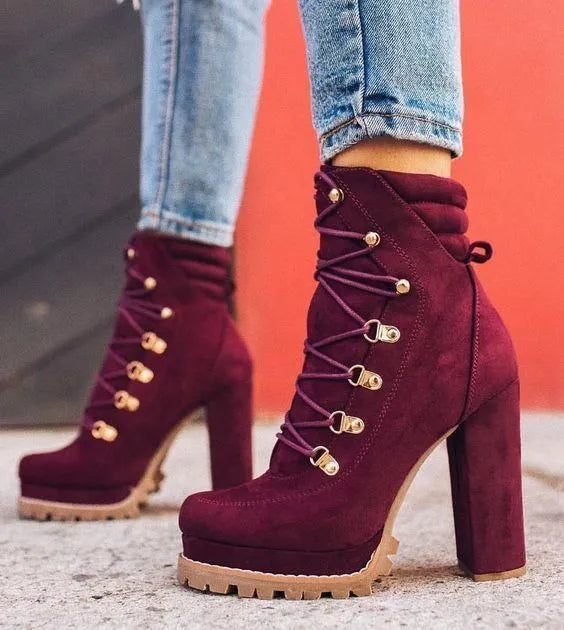 Women's suede ankle boots with thick high heels, round toe, and buckle details in army green