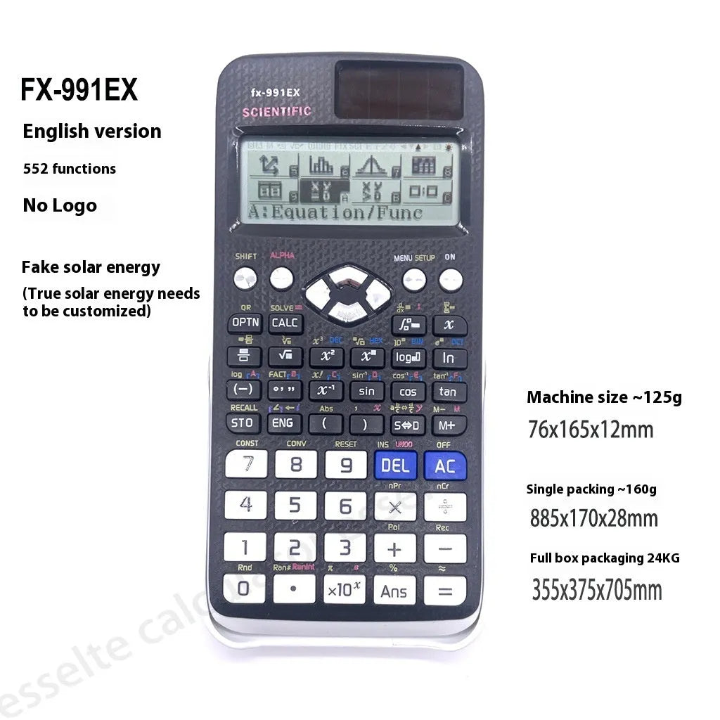 Scientific calculator with natural display in black, blue, or pink options for complex statistics