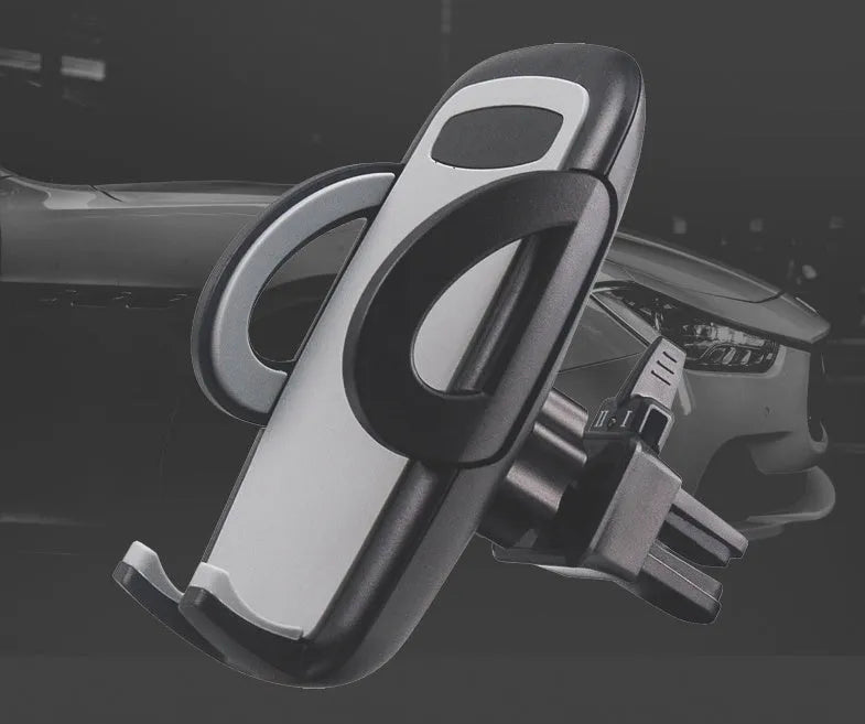 Black plastic car vent mobile phone holder with adjustable arms for universal device compatibility