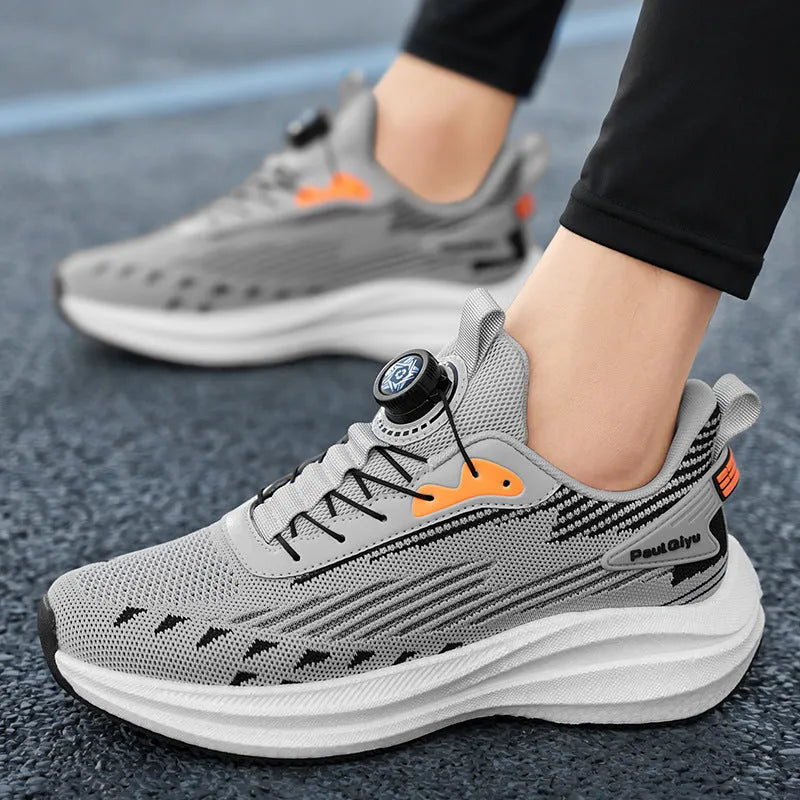 Men's white-green rotating buckle Fly-kit mesh casual running shoes with low-top flat heel design