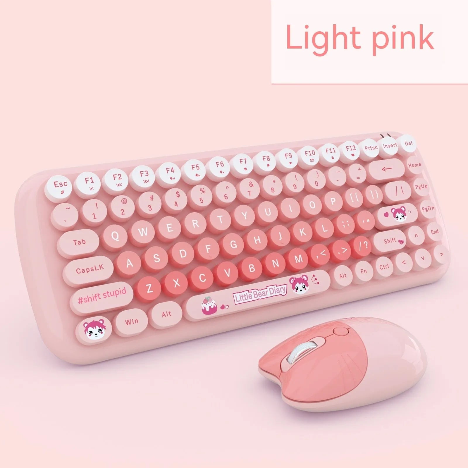 Candy pink wireless keyboard and mouse set with compact cartoon-style design on a desk.