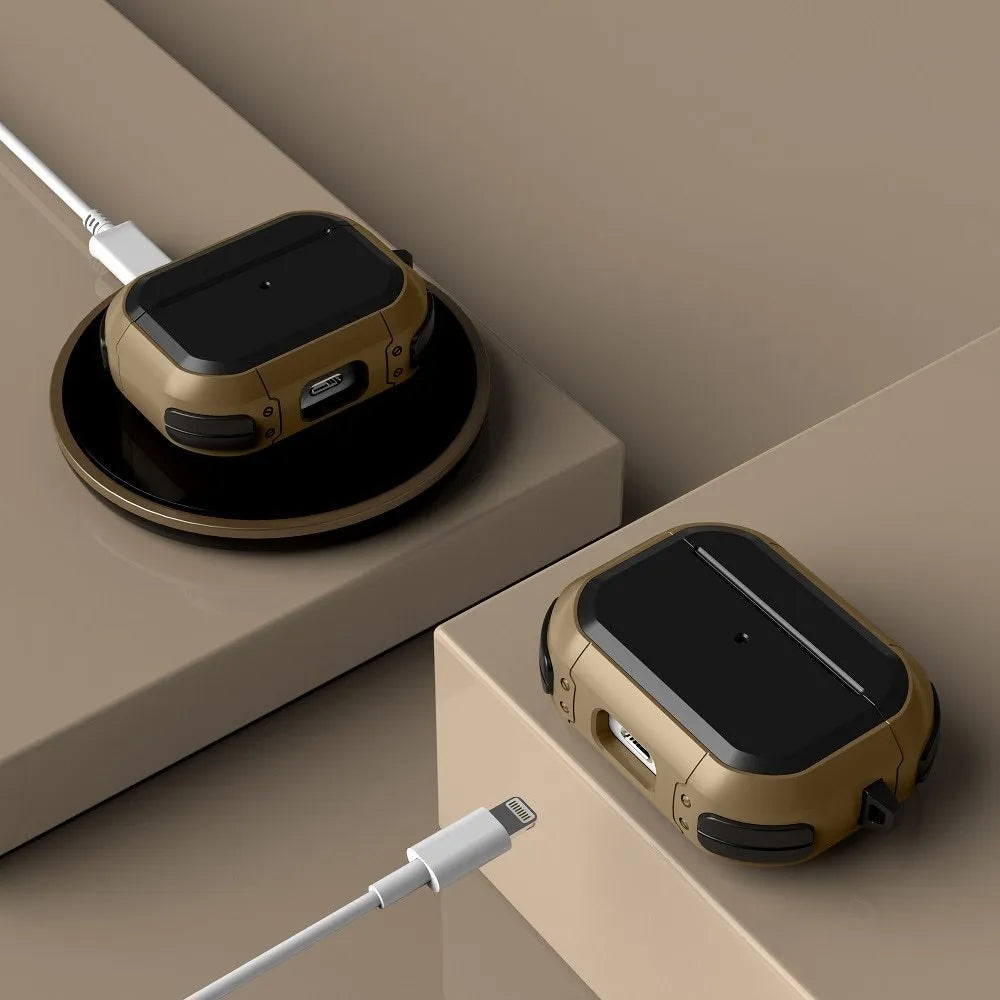 Black AirPods Pro protective shell case made from TPU and PC material shown next to an open case.