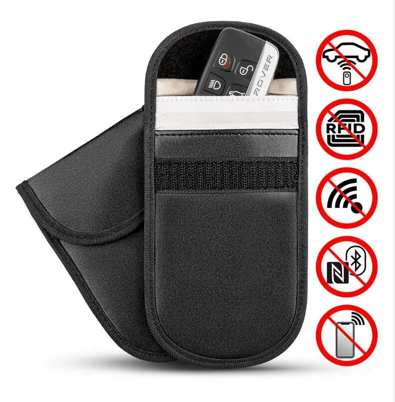 Black microfiber Faraday cage pouch for blocking car key and phone signals, sized 13.5 by 9.5 centimetres.