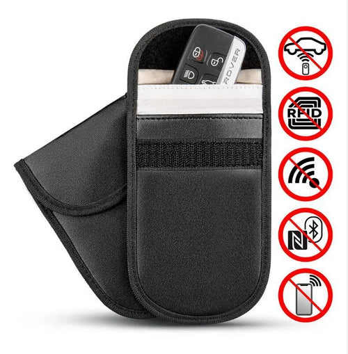 Black microfiber Faraday cage pouch for blocking car key and phone signals, sized 13.5 by 9.5 centimetres.