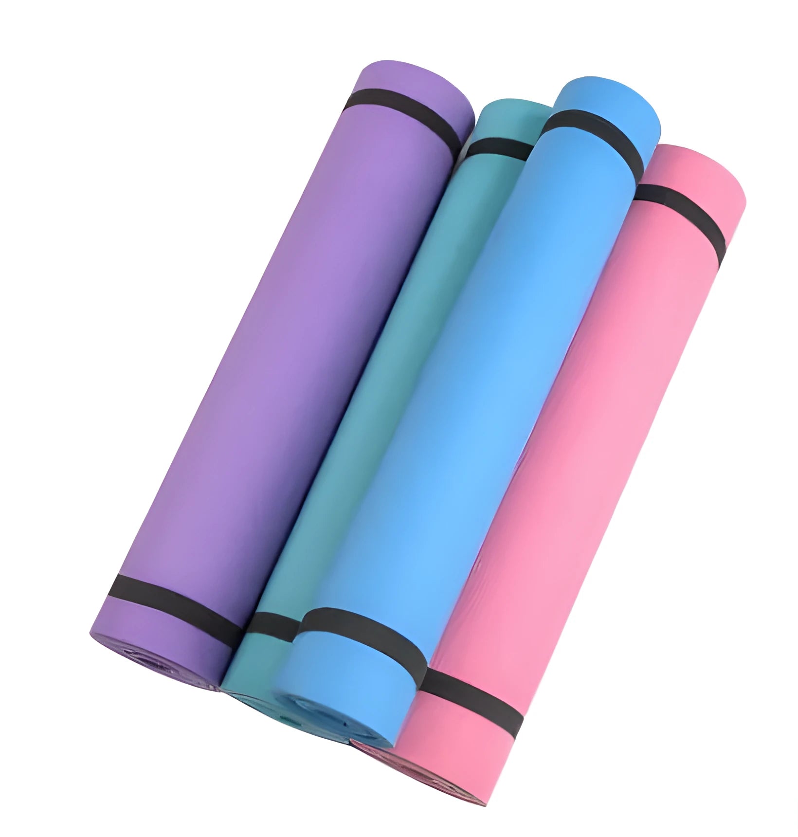 Red EVA yoga mat with textured anti-skid surface, shown rolled and unrolled.