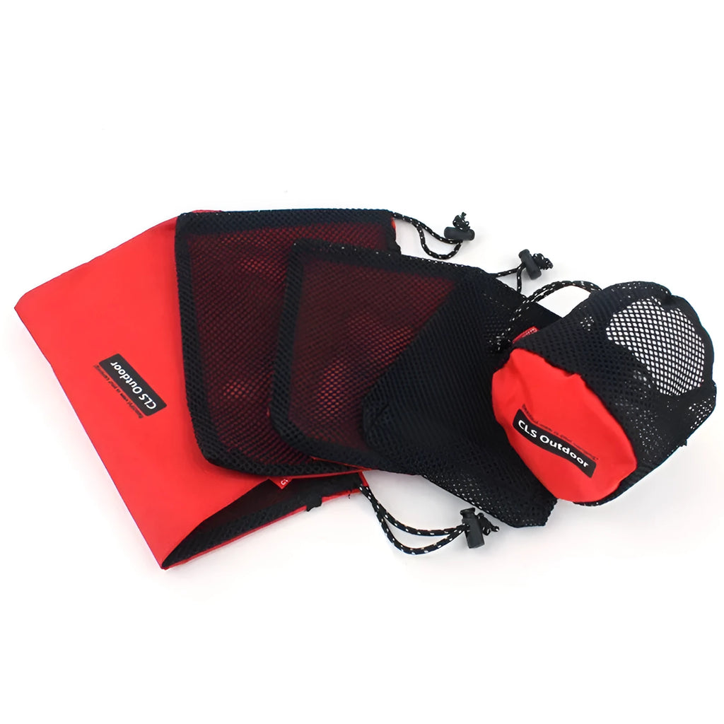 Red five-piece outdoor travel storage bag set with zipper closures and mesh panelling