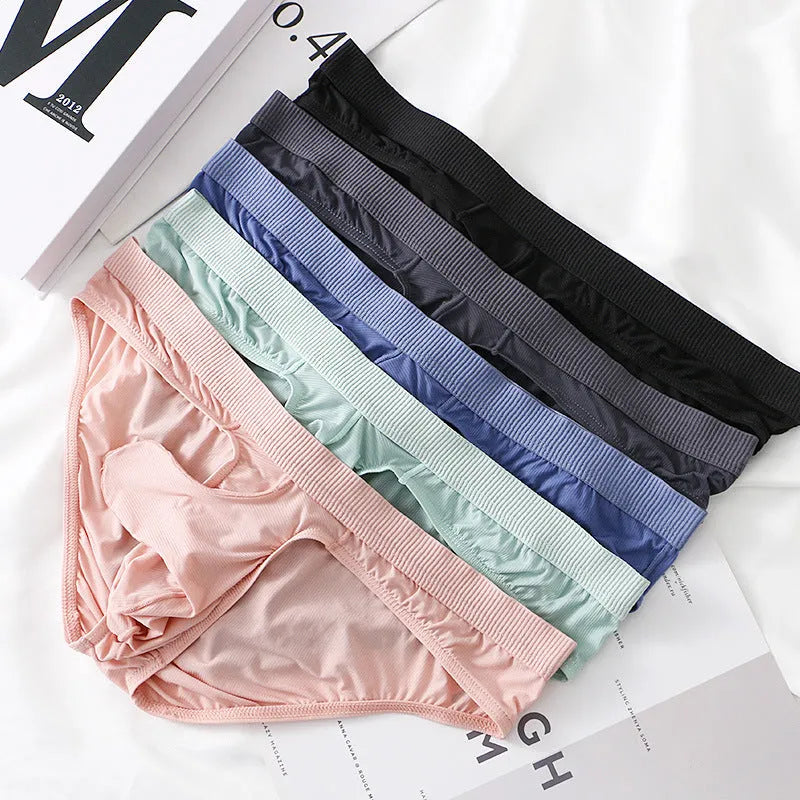 Men's low waist ice silk briefs underwear in multiple colour options showing fabric texture and briefs design